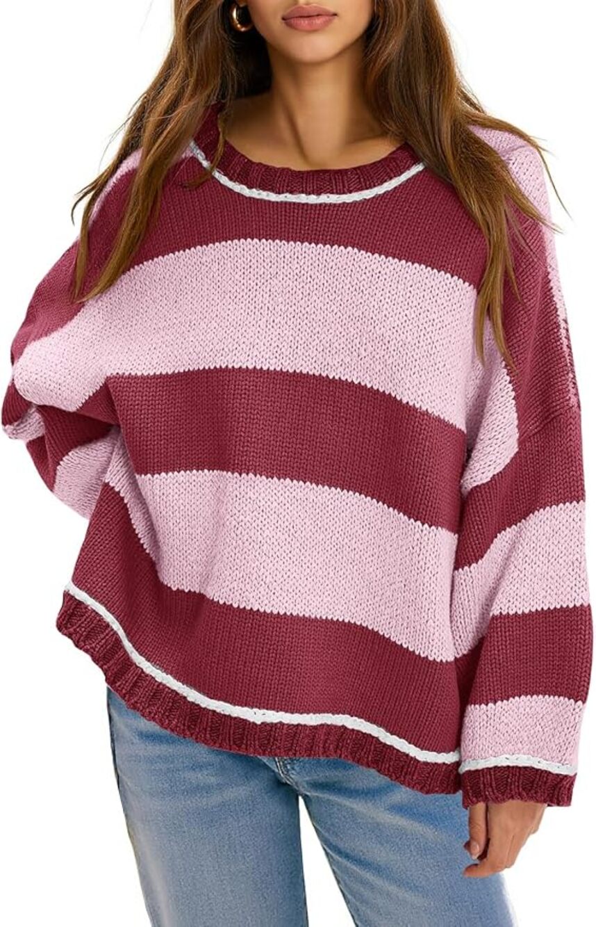 Fisoew Womens Oversized Sweaters Casual Long Sleeve Striped Color Block Crewneck